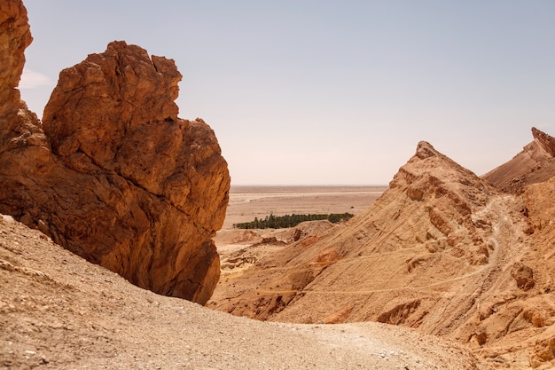 Paisaje oasis de Chebika en el desierto del Sahara. Vista del paisaje de montaña. Oasis de montaña con vista panorámica en el norte de África. Situado a pie de Jebel El Negueba. Montañas del Atlas en tarde soleada. Tozeur, Túnez