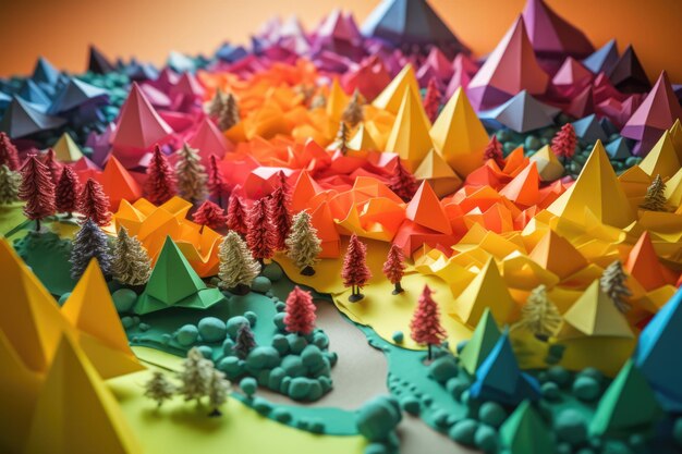 Foto paisaje de origami arcoíris con árboles y montañas creado con tecnología generativa de inteligencia artificial