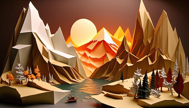 Paisaje de origami colorido Hecho por AIInteligencia artificial