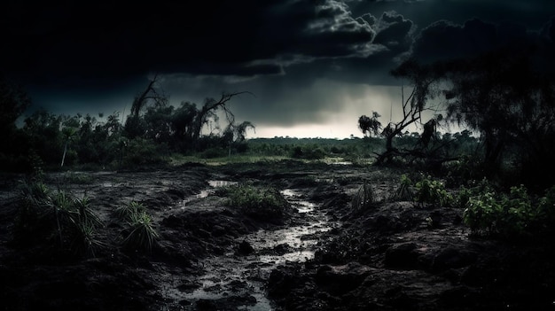 Un paisaje oscuro con un arroyo y un cielo oscuro con nubes.