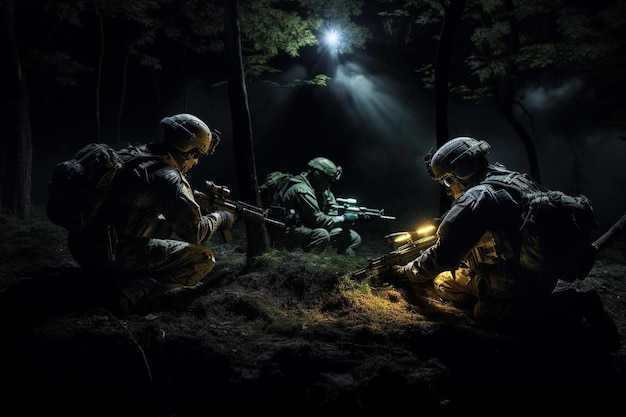 un paisaje oscuro con soldados y una luz al fondo