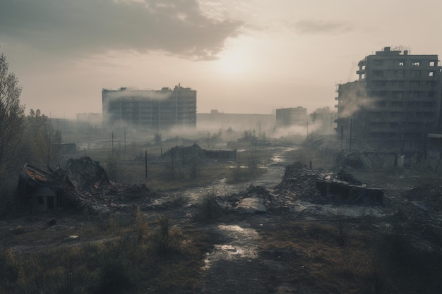 Un paisaje oscuro y sombrío con un edificio en ruinas y un cielo lleno de humo.