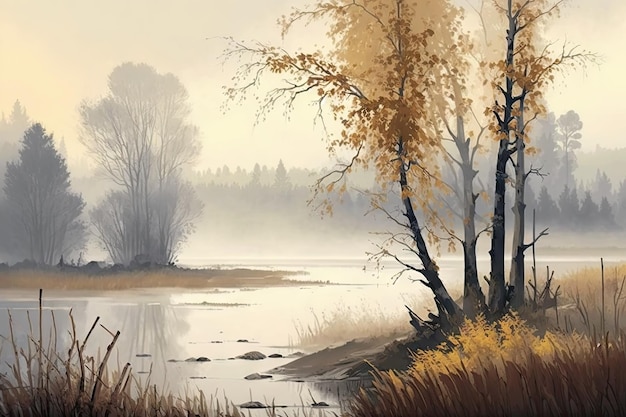 Paisaje otoñal con árboles en la orilla de una neblina lenta sobre el río