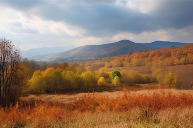 Paisaje otoñal con campos de follaje colorido y montañas distantes creadas con ai generativo