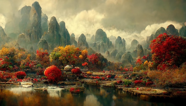 Paisaje otoñal chino con árboles y majestuosas montañas Ilustración 3D de fondo de temporada