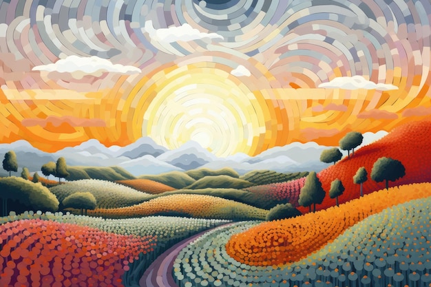 Paisaje otoñal con coloridas colinas sol y nubes ilustración Una pintura de puntillismo de un paisaje ilustración de arte digital Generado por IA