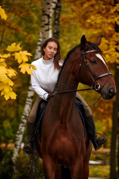 Paisaje otoñal hermosa chica morena con el pelo largo posando con un caballo rojo en el bosque