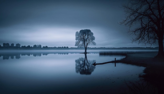 Paisaje otoñal con un lago sereno rodeado de niebla