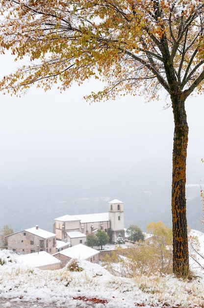 Paisaje otoñal con nieve en el parque natural del Alto Tajo ciudad de Pealn Guadalajara