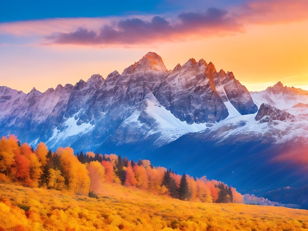 Paisaje otoñal y picos nevados fantástica puesta de sol generada por IA