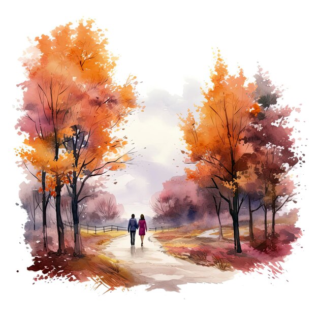 Foto paisaje de otoño en acuarela con una pareja caminando