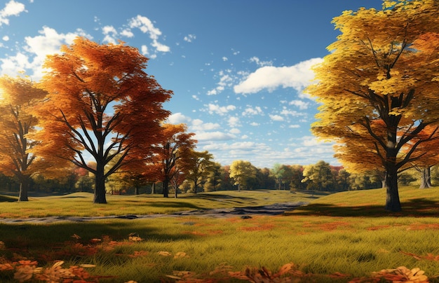 Paisaje de otoño con árboles amarillos y cielo azul renderizado en 3D