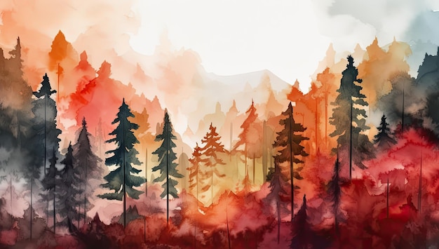 Paisaje de otoño con árboles de bosque neblinoso anaranjado IA generativa