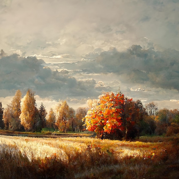 Paisaje de otoño con árboles de otoño idílico y pacífico increíble paisaje natural ilustración 3D