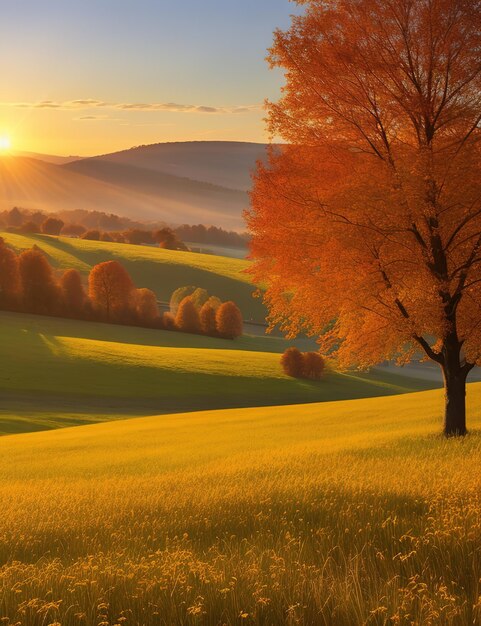 Foto paisaje de otoño con árboles de prado y rayos de sol