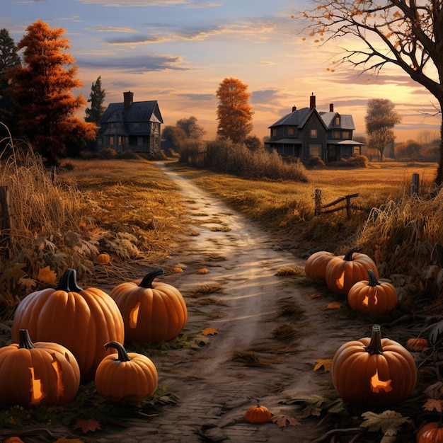 paisaje de otoño con calabazas