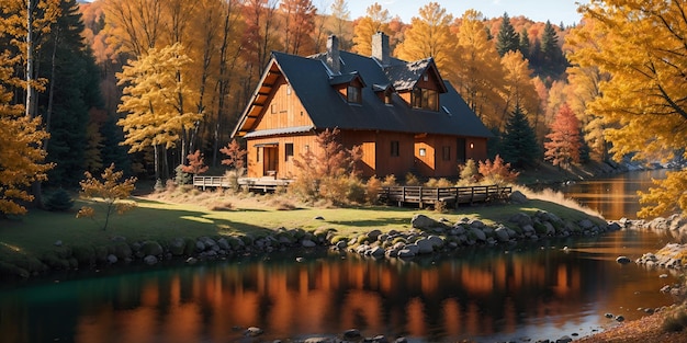 Paisaje de otoño una casa en el bosque junto al río