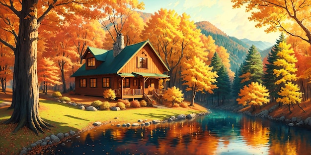 Paisaje de otoño una casa en el bosque junto al río