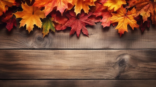 Paisaje de otoño deja sobre fondo de madera