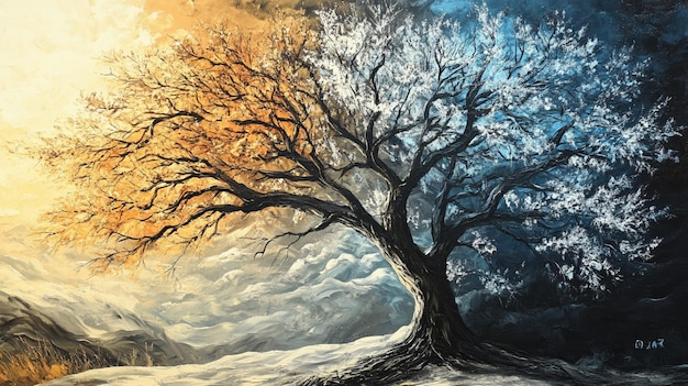Paisaje de otoño con un gran árbol en el bosque Pintura digital Paisaje invernal con árboles nevados