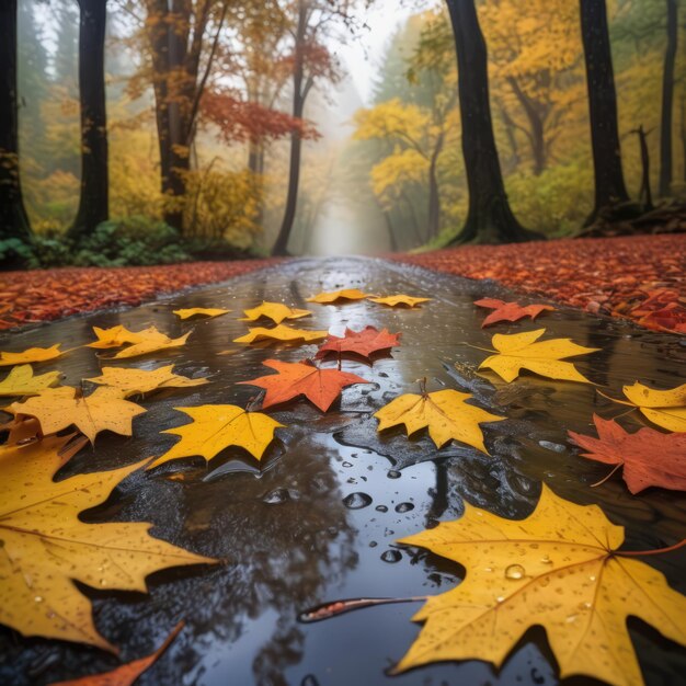 Paisaje de otoño con hojas caídas en el charco en la carretera