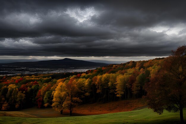 paisaje de otoño iluminación dramática cielo azul y blanco nublado fotografía profesional