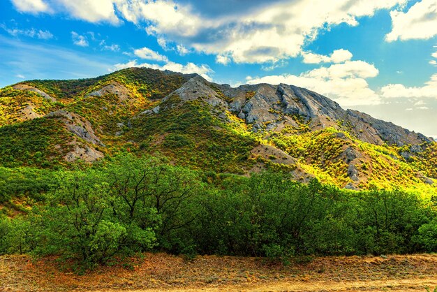 Foto paisaje de otoño de una montaña rocosa con una hermosa iluminación desigual