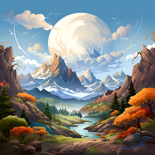 Paisaje de otoño con montañas y lago Ilustración vectorial Eps 10