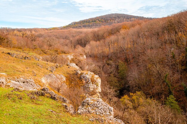 Paisaje de otoño Montañas rocosas pintorescas en Adygea cubiertas de vegetación y árboles