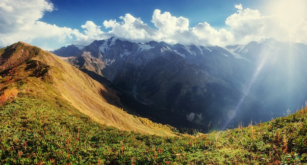 Paisaje de otoño y picos nevados.