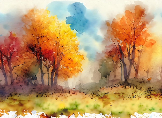 Paisaje de otoño pintado con acuarelas en papel texturizado Pintura de acuarela digital