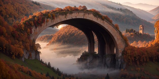 Paisaje de otoño Puente contra el telón de fondo de las montañas brumosas