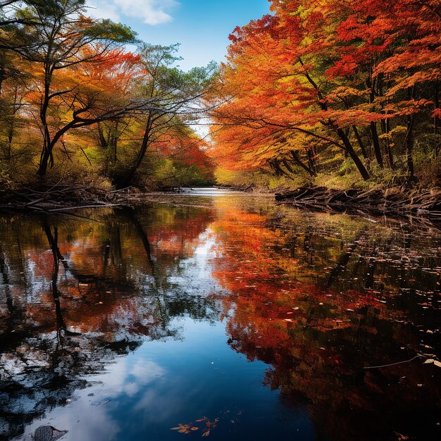 El paisaje de otoño se refleja en el agua quieta