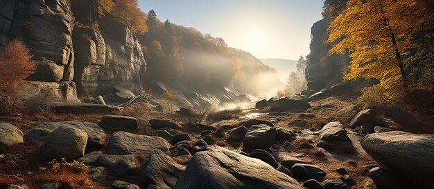 Paisaje de otoño con rocas de un río de montaña y un bosque colorido