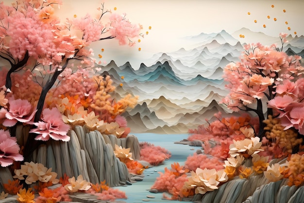 Paisaje de otoño rosado con hojas de árbol naranja montañas origami cortado en papel de fondo