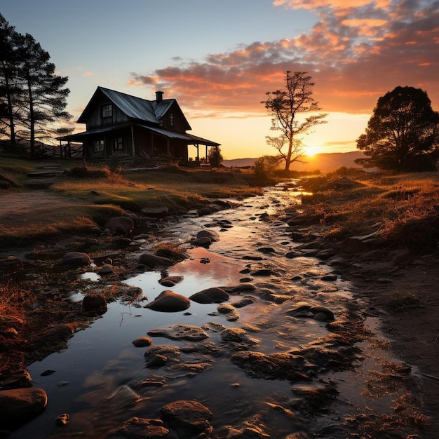 Paisaje de otoño de la serenidad de la puesta de sol rústica