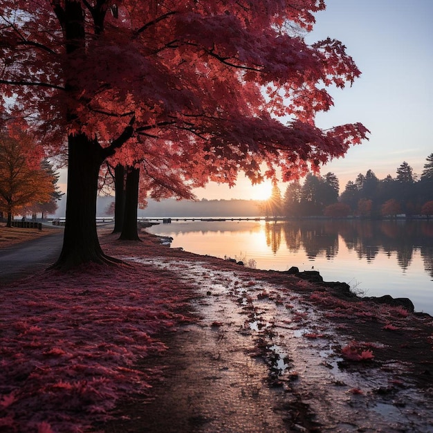 El paisaje de otoño de la tranquilidad carmesí