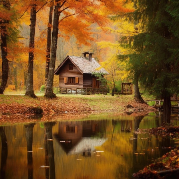 Paisaje de otoño con vieja casa de madera en el bosque y el lago