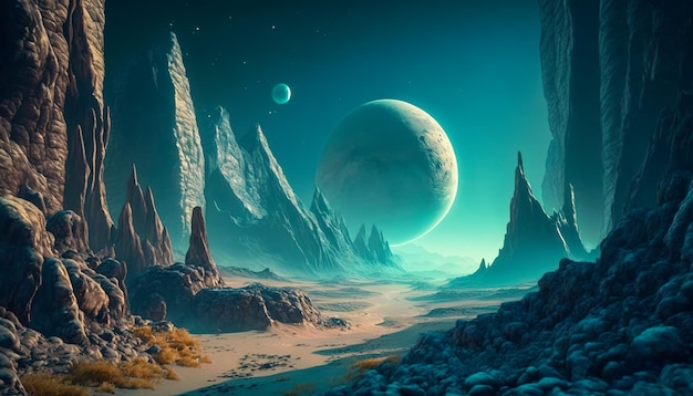 Paisaje de otro mundo de un planeta alienígena Ciencia ficción y fantasía IA generativa