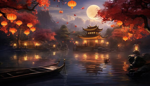 Foto paisaje con un pabellón tradicional chino con vistas a un lago celebración del año nuevo chino