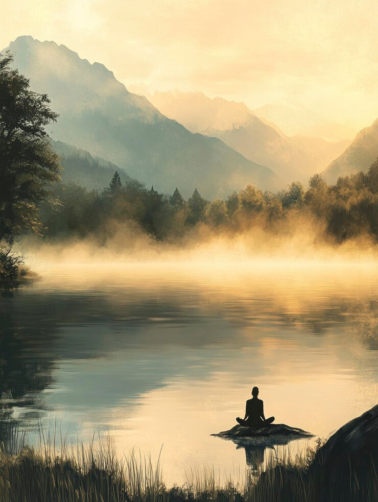 Un paisaje pacífico con una persona soltera meditando junto a un lago tranquilo al amanecer