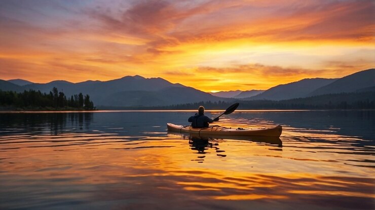 un paisaje pacífico con una puesta de sol naranja brillante sobre un lago tranquilo con un solo kayak flotante
