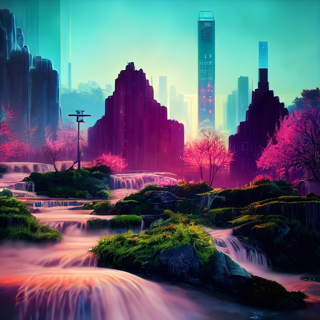 Paisaje del paisaje de la ciudad cyberpunk de Tokio