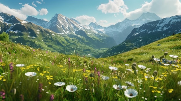 Un paisaje con un paisaje de montaña y flores.