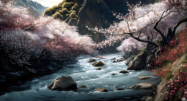 Paisaje en el paisaje primaveral del río y la floreciente ilustración de sakura IA generativa