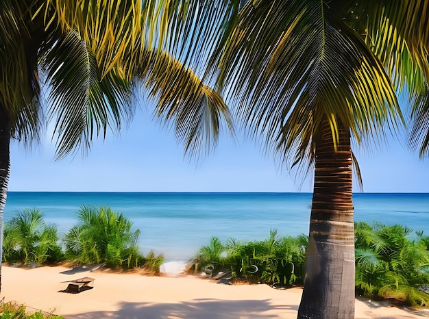 Paisaje con palmeras y un fondo de tabla de surf en una hermosa playa