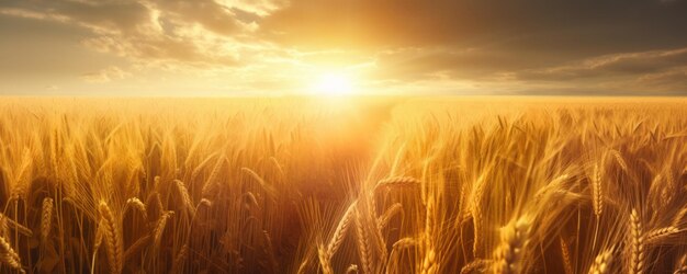 Paisaje panorámico con campo de trigo dorado y puesta de sol en el horizonte Ilustración generativa de IA