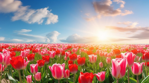 Paisaje panorámico del campo de tulipanes en flor