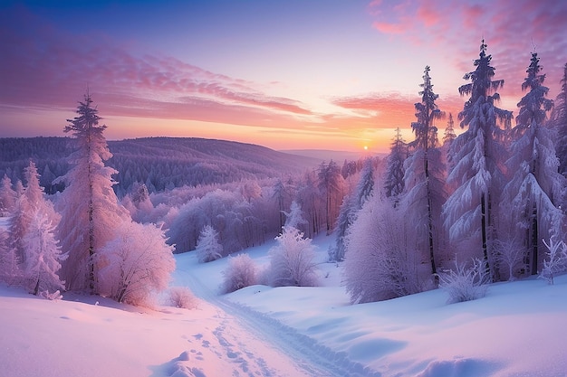 paisaje panorámico de invierno con árboles forestales cubiertos de nieve y amanecer mañana invernal de un nuevo día paisaje de invierno púrpura con puesta de sol vista panorámica