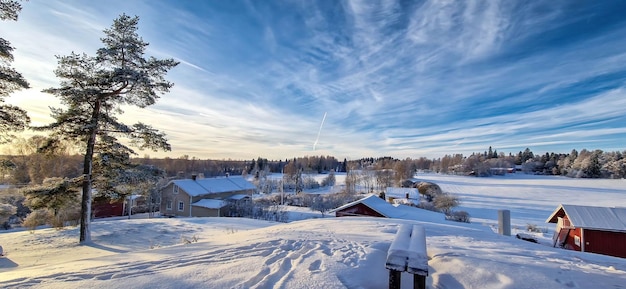 Paisaje panorámico de invierno con casas y árboles cubiertos de nieve Loppi Finlandia